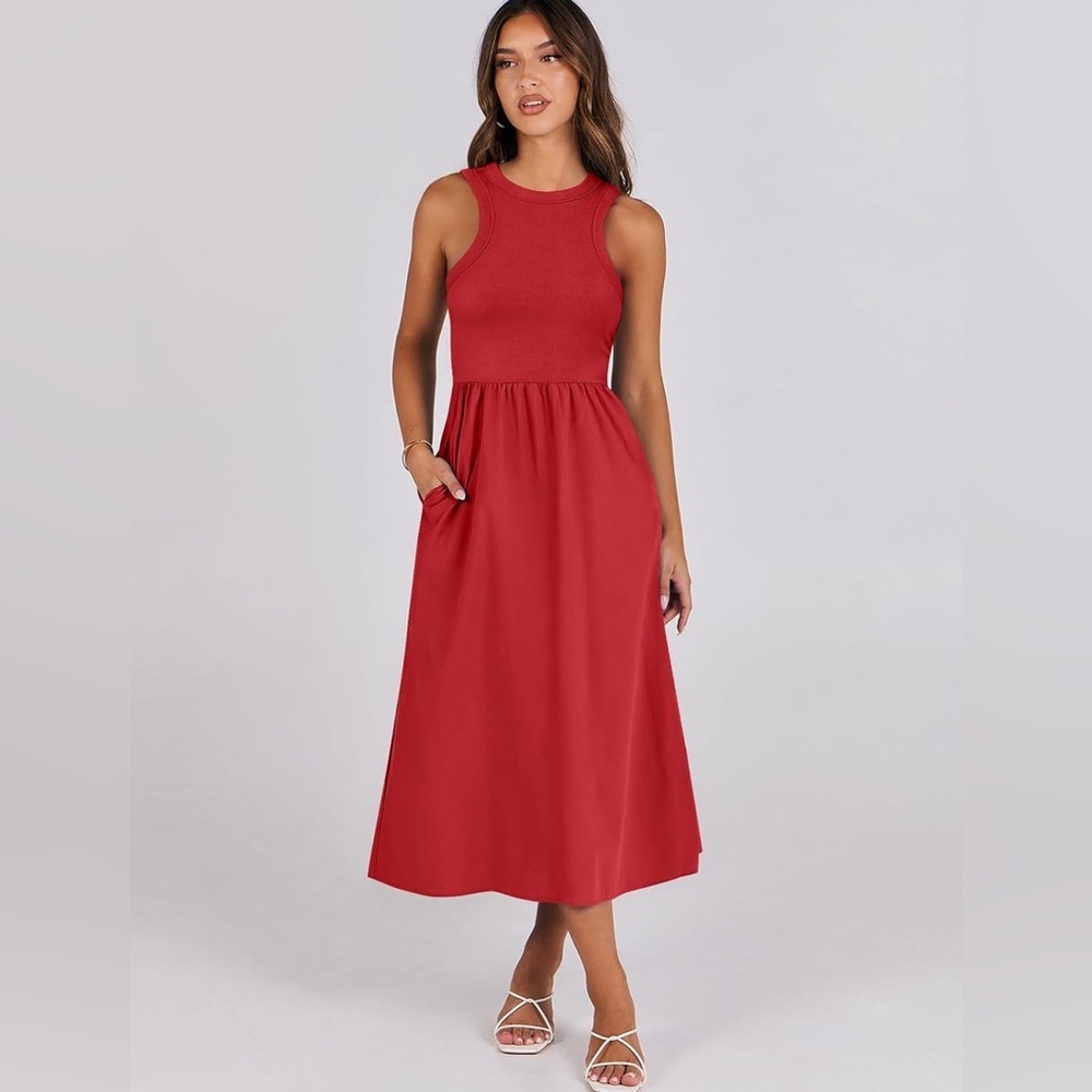 Anbrass Casual Sleeveless Midi Sundress Patchwork Racerback Flowy Dresses Pocket